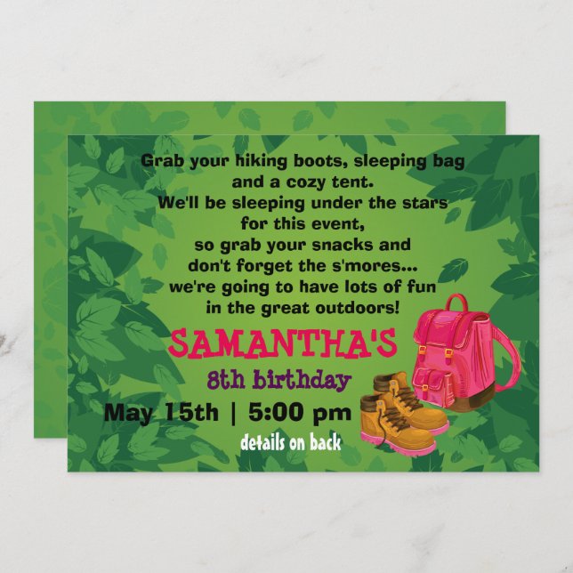 BackPack Girl's Camping Birthday Party Invitation (Front/Back)