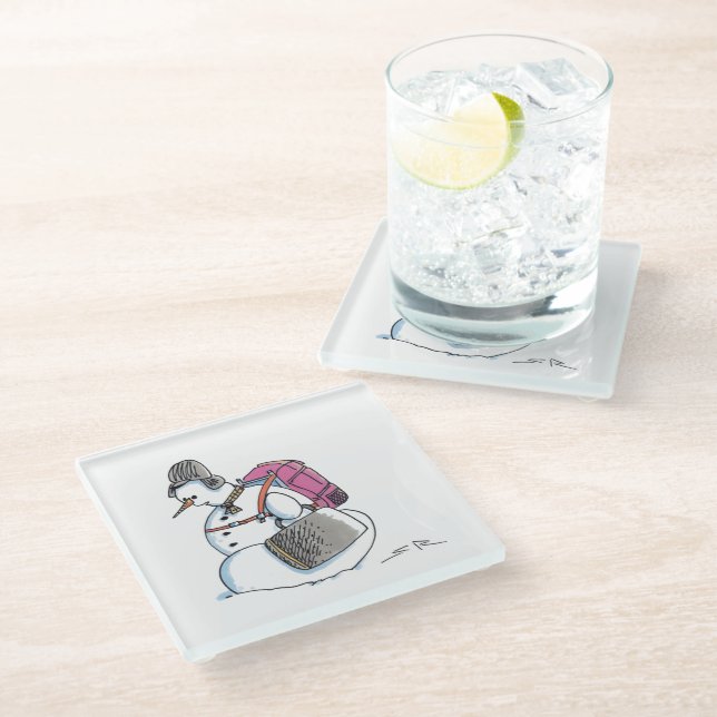 Backpack Snowman white glass coaster (Angled)