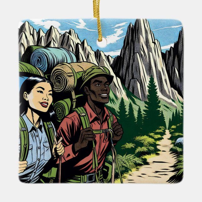 Backpacking Couple Hiking Trail through Mountains Ceramic Ornament (Front)