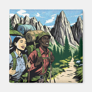 Backpacking Couple Hiking Trail through Mountains Magnet