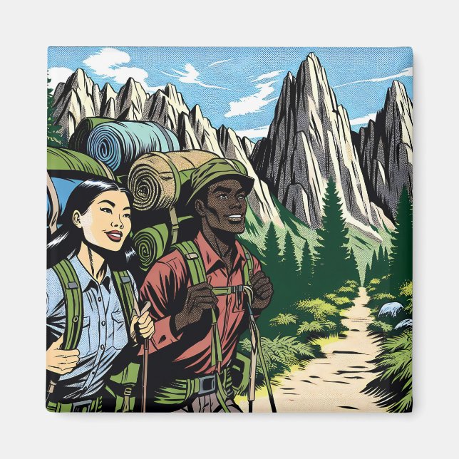 Backpacking Couple Hiking Trail through Mountains Magnet (Front)