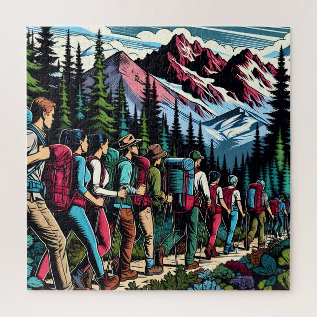 Backpacking People Hiking Trail through Mountains Jigsaw Puzzle (Vertical)