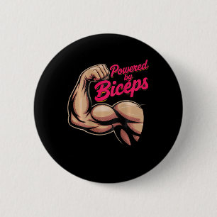 Backprint Funny Gym Humour Biceps Gains Powered By 6 Cm Round Badge
