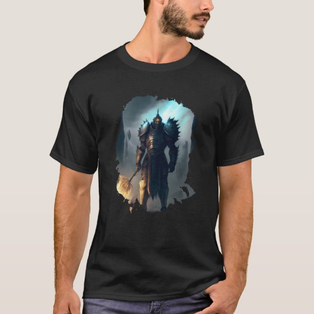 Backprint Mighty knight in armor with fire sword T-Shirt (Front)