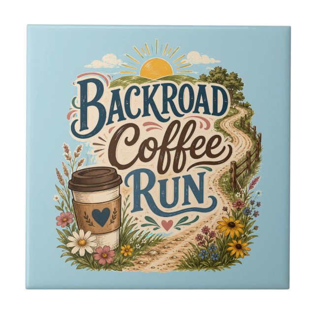 Backroad Coffee Run Country Folk Sunrise Tile (Front)