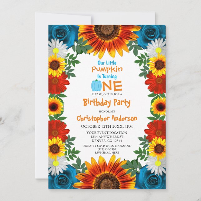 Backyard Autumn Floral Little Pumpkin Birthday Invitation (Front)