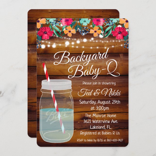 Backyard Baby Q Mason Jar Invitation (Front/Back)