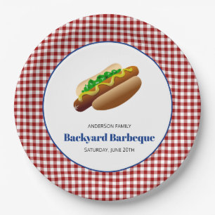 Backyard Barbeque Hot Dogs Red Checked Paper Plate