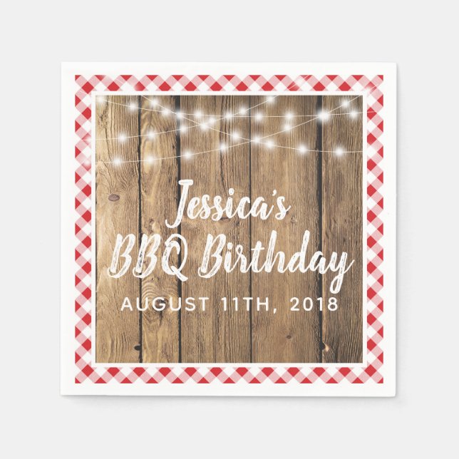 Backyard BBQ Birthday Party Gingham Wood Rustic Napkin (Front)