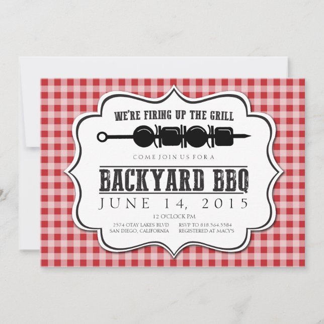 Backyard BBQ Grill with Red Gingham Invitation (Front)