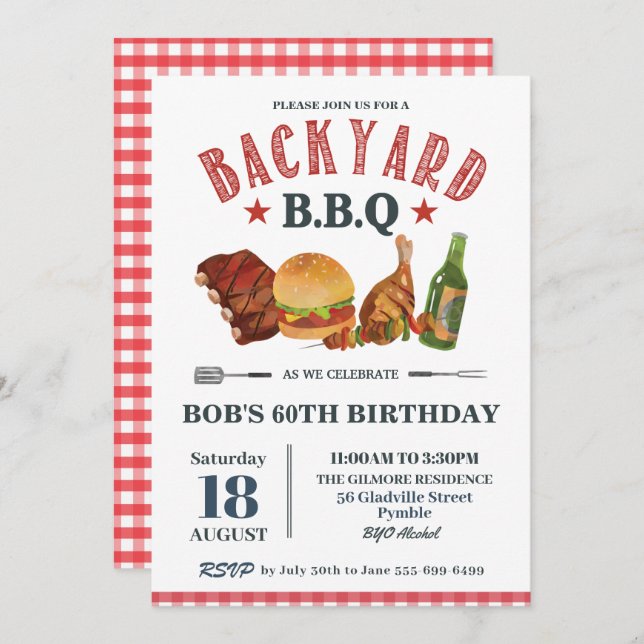 Backyard BBQ Male Birthday Red Gingham Beer Invitation (Front/Back)