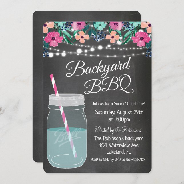 Backyard BBQ Mason Jar Invitation (Front/Back)