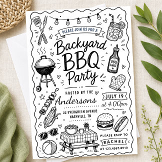 Backyard BBQ Party Summer Hand Drawn doodle Rustic Invitation