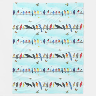 backyard birds on a line with butterflies fleece blanket
