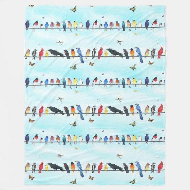 backyard birds on a line with butterflies  fleece blanket (Front)