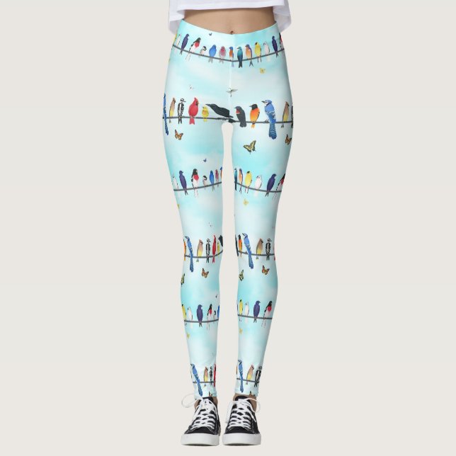 backyard birds on a line with butterflies  leggings (Front)