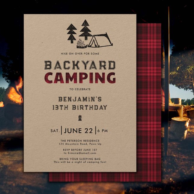 Backyard Camping Outdoor Red Plaid Boys Birthday Invitation (backyard camping boys birthday party invitation outdoor adventure camp fire rustic red plaid)