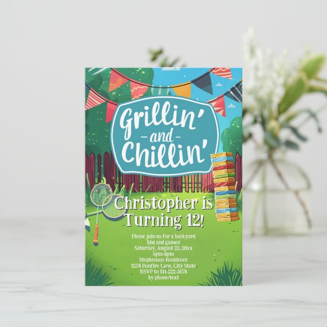 Backyard Games Grilling BBQ Birthday Party Invitation (Standing Front)