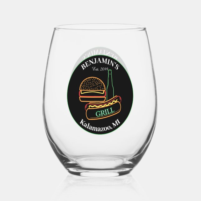  Backyard Grill with Burgers Drinkware Stemless Wine Glass (Front)