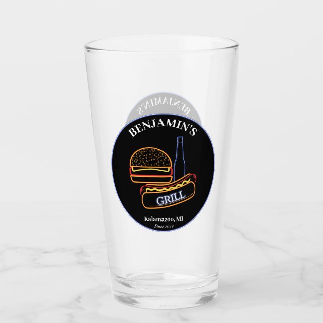  Backyard Grill with Burgers Hot Dogs Beer Glass (Front)
