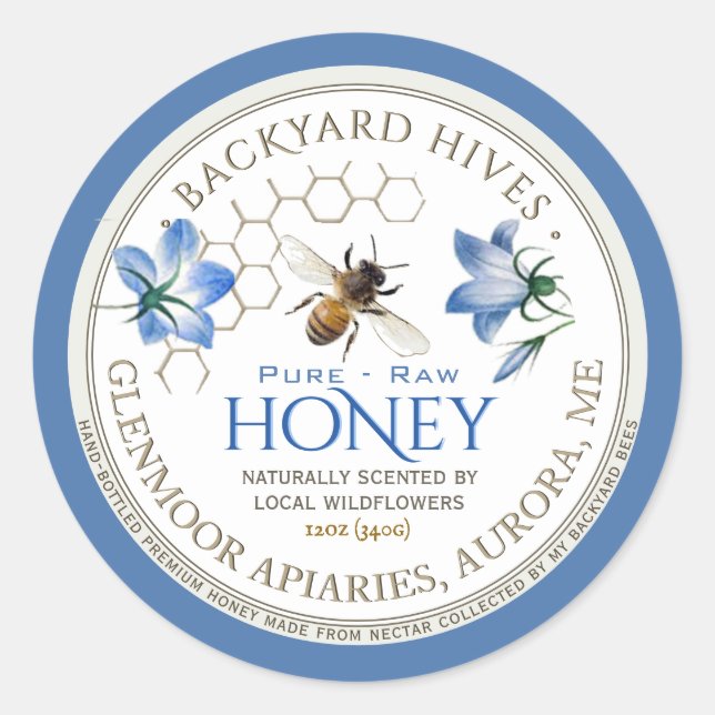 Backyard Hive Raw Local Honey Flowers and Bee      Classic Round Sticker (Front)
