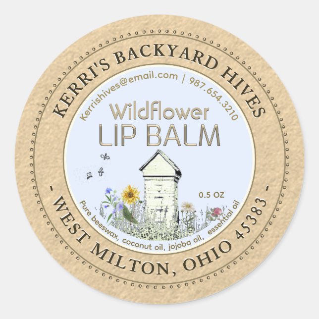 Backyard Hives Beeswax Lip Balm Kraft Hive Flowers Classic Round Sticker (Front)