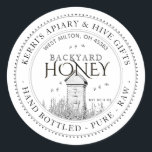 Backyard Hives Honey Label Hand Bottled Raw White<br><div class="desc">Central design features an illustration of a small backyard hive.White Background. Pretty dotted border. Personalise with your apiary name,  address and honey description (raw,  hand bottled,  single source etc.). Also include your honey net weight. Common honey net weight conversions: 8oz (227g),  12oz (340g),  16oz (454g),  32oz (907g),  5lb (2.27kg).</div>