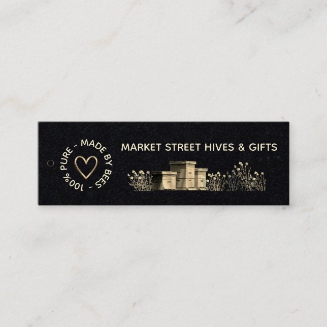 Backyard Honey Black Flower Hives Gold Heart Bees Mini Business Card (Front)