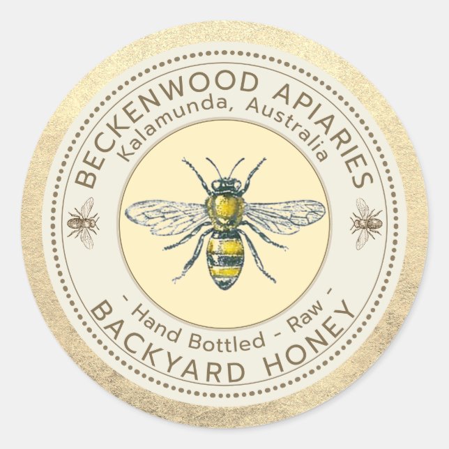 Backyard Honey Hand Bottled Honeybees Gold Rim  Cl Classic Round Sticker (Front)