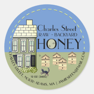 Backyard Honey Hives with bees and cat  Classic Ro Round Sticker