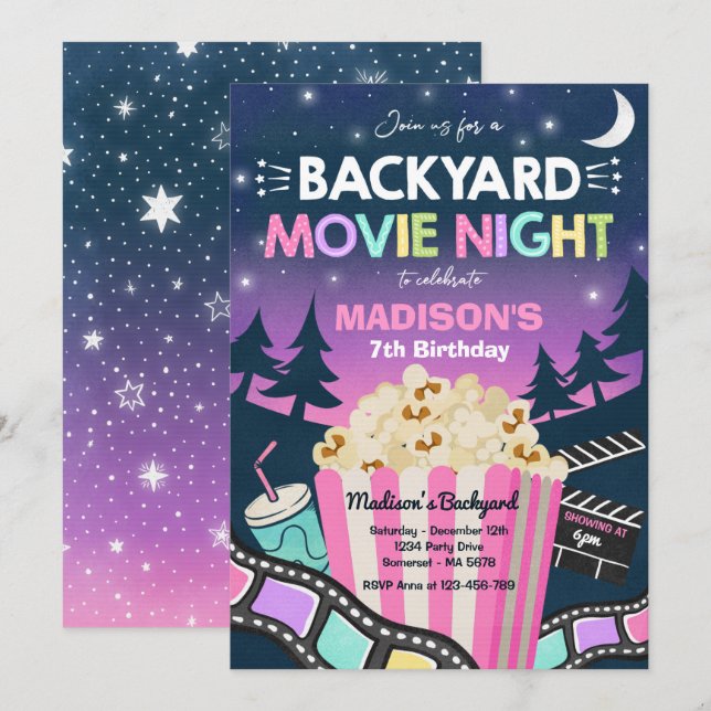 Backyard Movie Night Birthday Movie Under The Star Invitation (Front/Back)