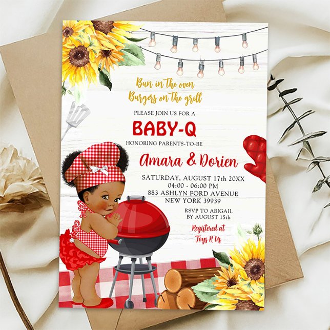 Backyard Red Gingham Baby-Q Afro Girl Baby Shower Invitation (Creator Uploaded)