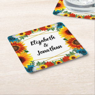 Backyard Summer Floral Geometric Wedding Square Paper Coaster
