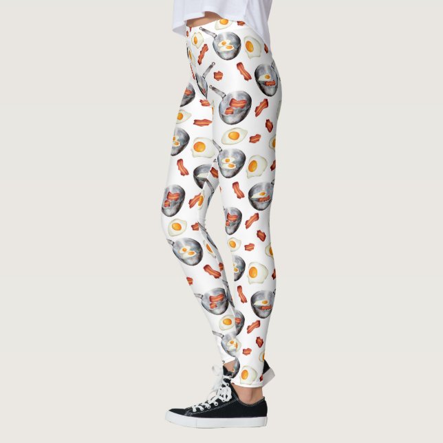 Bacon & Eggs Breakfast Food Pattern Leggings (Left)