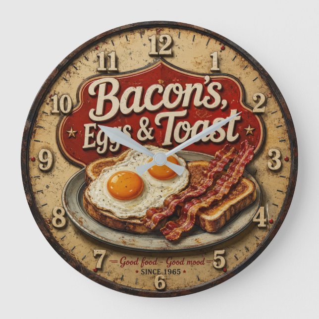 Bacon Eggs & Toast Rustic Farmhouse Kitchen Large Clock (Front)