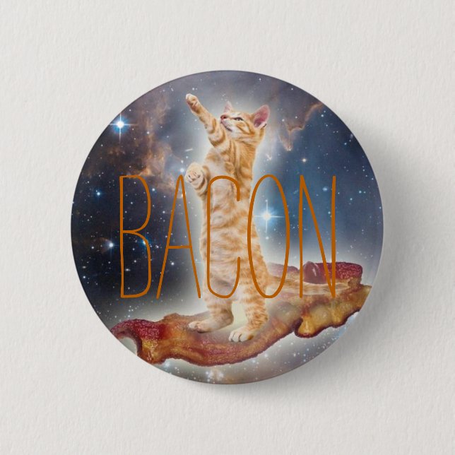 Bacon Surfing Cat 6 Cm Round Badge (Front)