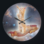 Bacon Surfing Cat Clock<br><div class="desc">AWESOME CLOCK with an AWESOME CAT on some AWESOME BACON in AWESOME SPACE... . AWESOME!</div>