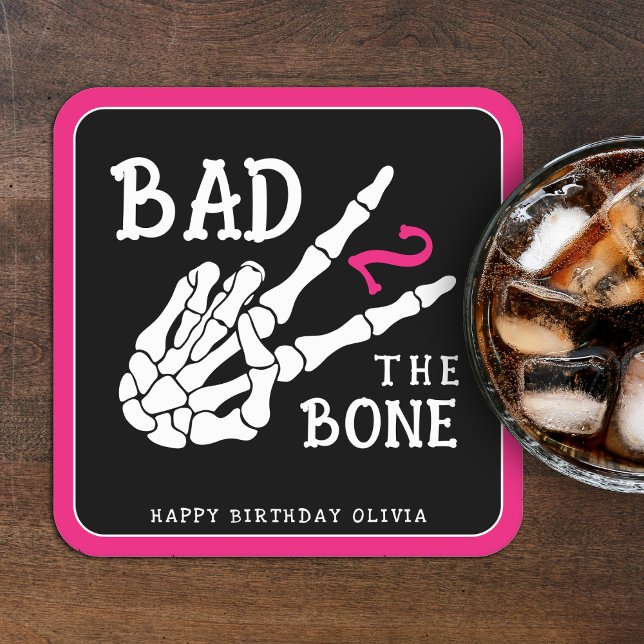Bad 2 the Bone Skeleton 2nd Birthday Party Square Paper Coaster (Creator Uploaded)