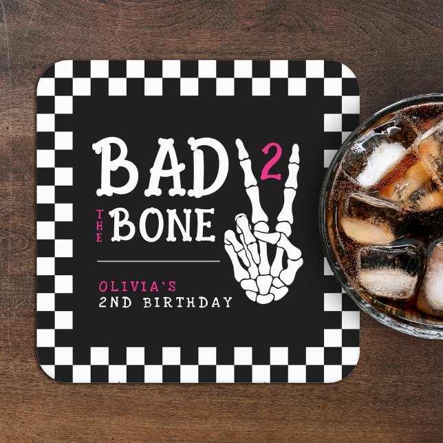 Bad 2 the Bone Skeleton Pink 2nd Birthday Party Square Paper Coaster (Bad 2 the Bone Skeleton Pink 2nd Birthday Party Square Paper Coaster
)