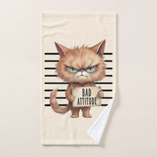 Bad Attitude Cat Mugshot – Funny Feline Design Bath Towel Set