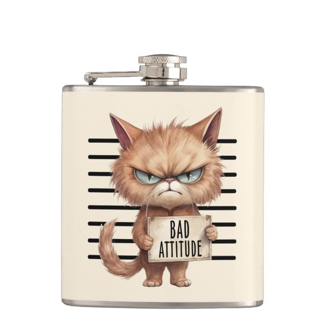 Bad Attitude Cat Mugshot – Funny Feline Design Hip Flask (Front)