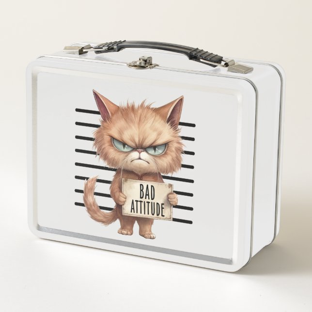 Bad Attitude Cat Mugshot – Funny Feline Design Metal Lunch Box (Front)