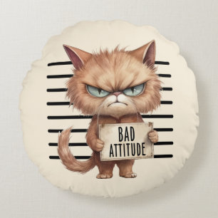 Bad Attitude Cat Mugshot – Funny Feline Design Round Cushion