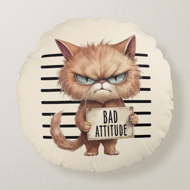 Bad Attitude Cat Mugshot – Funny Feline Design Round Cushion (Front)