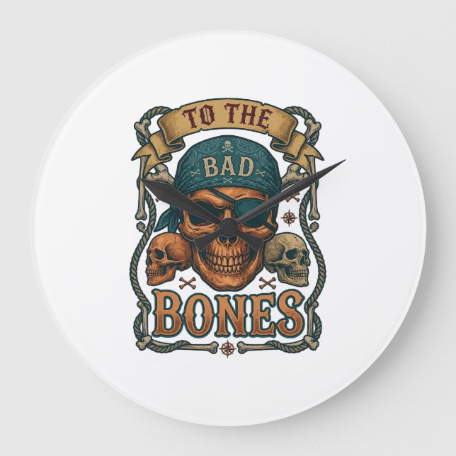 Bad Bones Pirate Skull Bandanna Rope Crossbones Large Clock (Front)