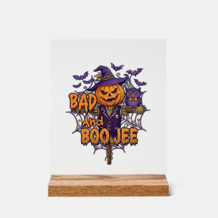 Bad Boo Jee Pumpkin Scarecrow Purple Owl Bats Acrylic Sign
