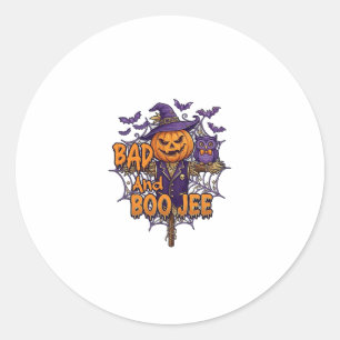 Bad Boo Jee Pumpkin Scarecrow Purple Owl Bats Classic Round Sticker
