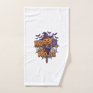 Bad Boo Jee Pumpkin Scarecrow Purple Owl Bats Hand Towel