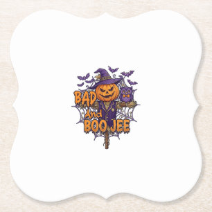 Bad Boo Jee Pumpkin Scarecrow Purple Owl Bats Paper Coaster