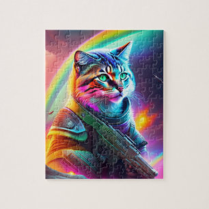 Bad Cat With Gun, Futuristic Sci-Fi Astronaut Cat Jigsaw Puzzle